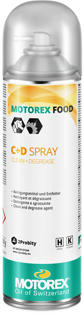 Eine Dose MOTOREX FOOD C+D Spray mit silbernem Verschluss. Das Etikett ist weiß mit grünen und orangefarbenen Akzenten und weist das Produkt als Reinigungs- und Entfettungsmittel aus, das für den Einsatz in Lebensmittelbereichen geeignet ist.