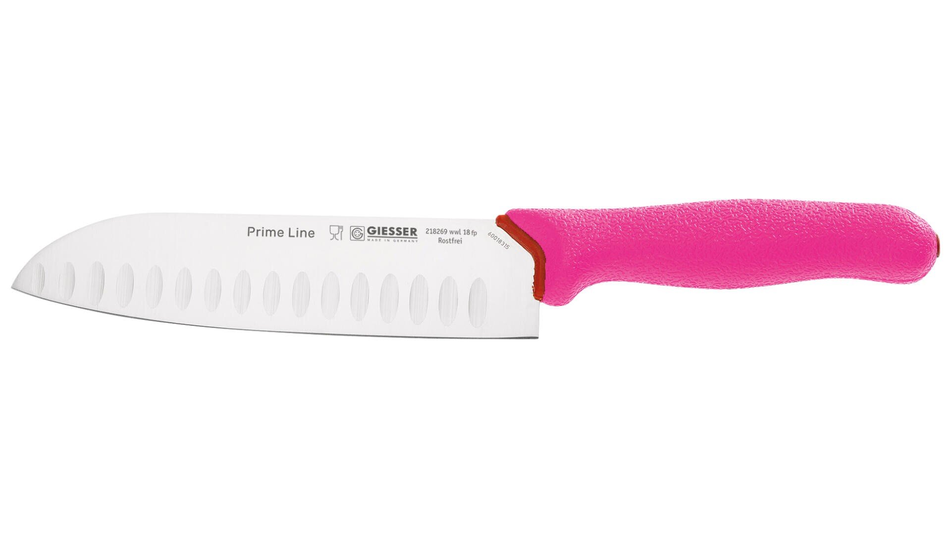 Ein Kochmesser mit einer Reihe ovaler Vertiefungen entlang der Klinge und einem leuchtend pinkfarbenen, strukturierten Griff. Auf dem Messer sind die Aufschriften „Prime Line“ und „Giesser“ zu sehen, dazu kommt noch ein kleiner Schriftzug in der Nähe des Griffs.
