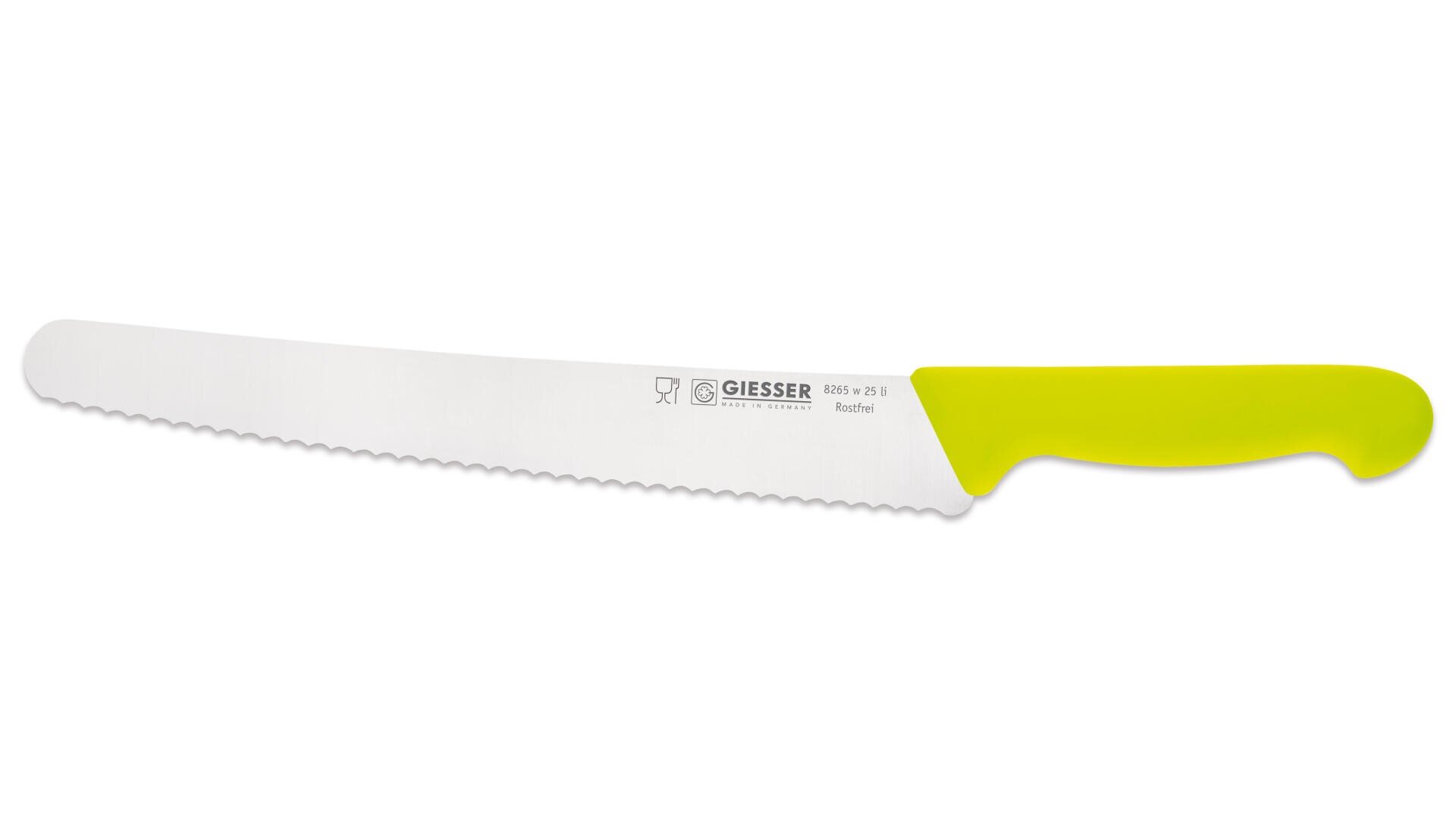 Ein gezacktes Brotmesser mit einer langen, silbernen Klinge und einem leuchtend gelben Griff, dargestellt vor einem schlichten weißen Hintergrund.