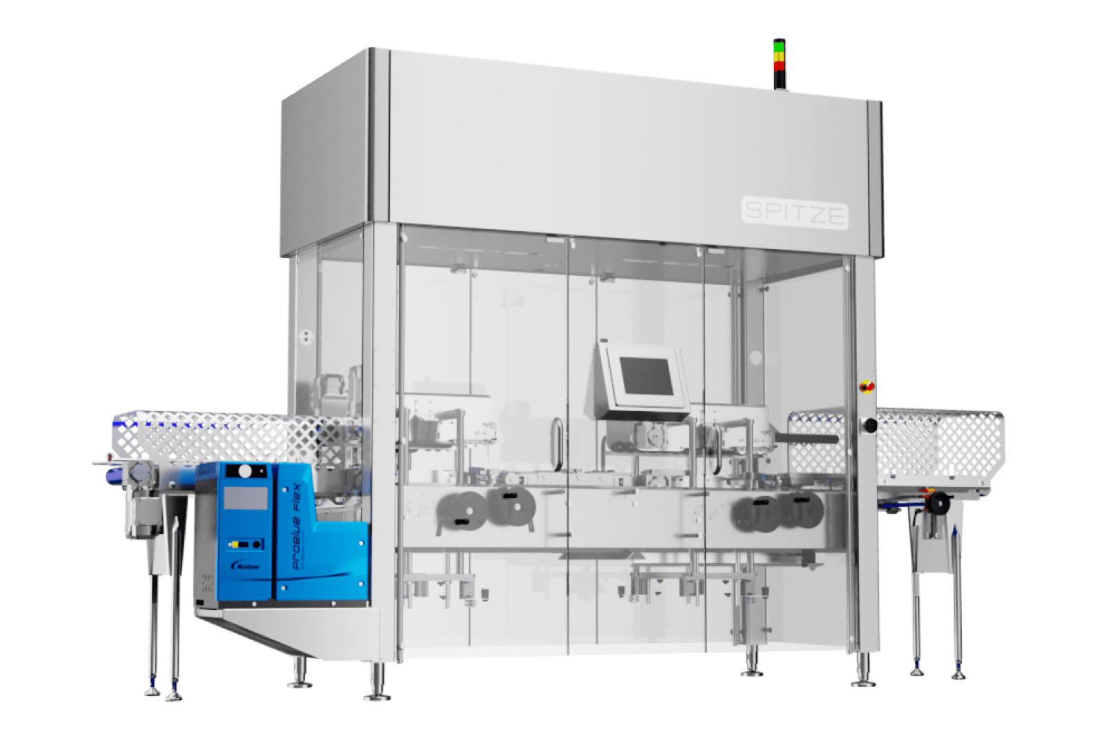Automatisierte industrielle Verpackungsmaschine mit transparenter Verkleidung, Metallrahmen, Förderbändern, Touchscreen-Bedienfeld und der Aufschrift „SPITZE“ im oberen Bereich, konzipiert für automatisierte Montage- oder Verpackungsprozesse.