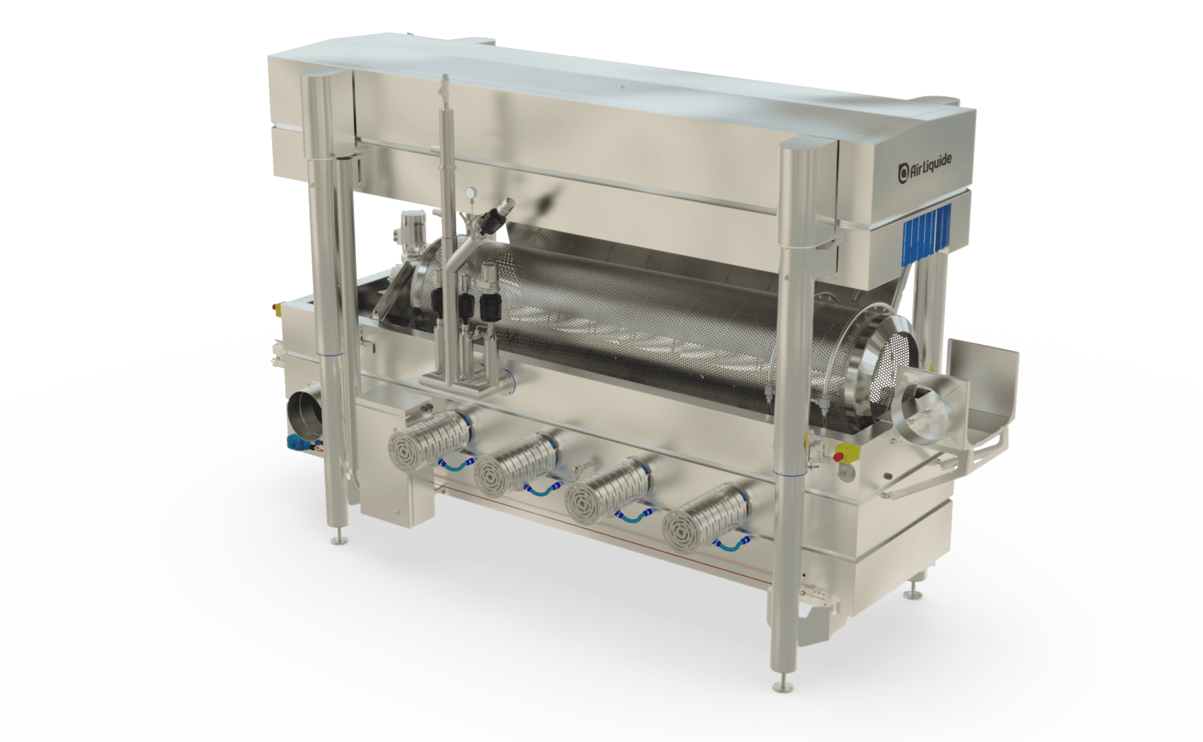 Eine große industrielle Maschine aus Edelstahl mit Walzen, Rohren und einer Gittertrommel, die für die Lebensmittelverarbeitung oder -herstellung konzipiert ist, vor einem weißen Hintergrund.