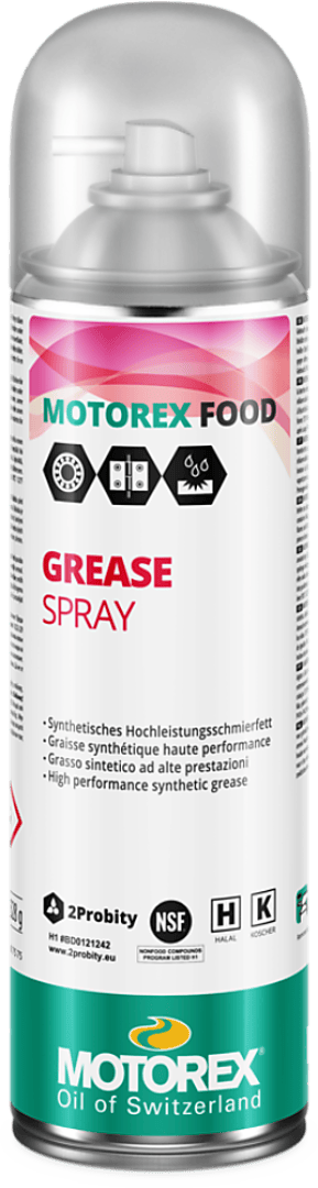Eine Dose „Motorex Food Grease Spray“ mit mehrsprachiger Beschriftung und Zertifizierungssymbolen auf weißem Hintergrund.