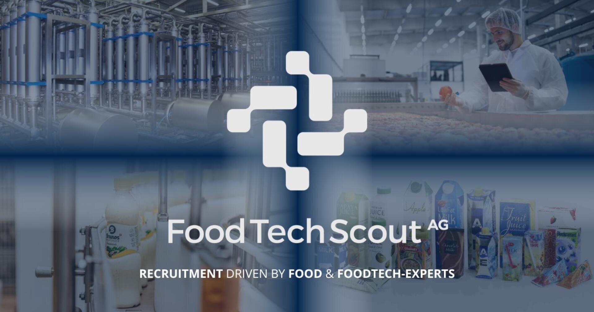 Eine Collage, die Lebensmittelverarbeitung, einen Mitarbeiter mit einem Tablet, verpackte Lebensmittel und Flaschen zeigt, überlagert mit dem Logo der Food Tech Scout AG und dem Slogan: Personalvermittlung durch Experten für Lebensmittel und Foodtech.