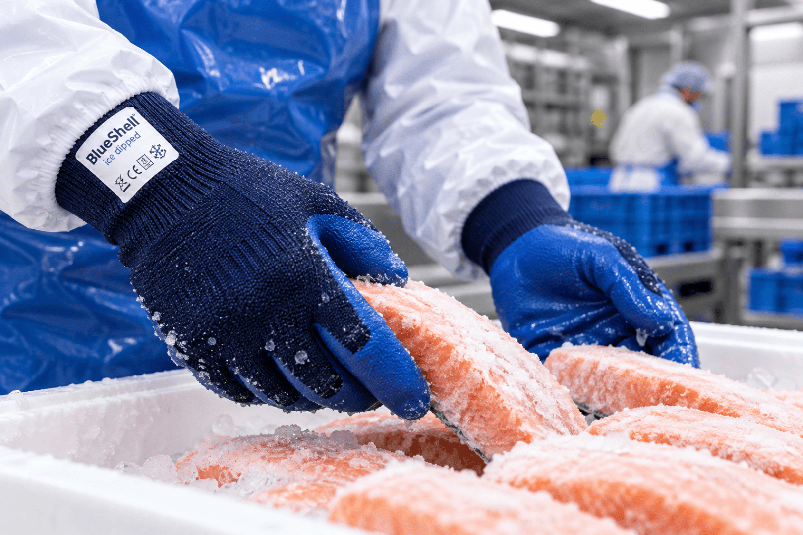 Ein Mitarbeiter in Schutzkleidung, der BlueShell-Handschuhe trägt, legt gefrorene Lachsfilets in einen Behälter.