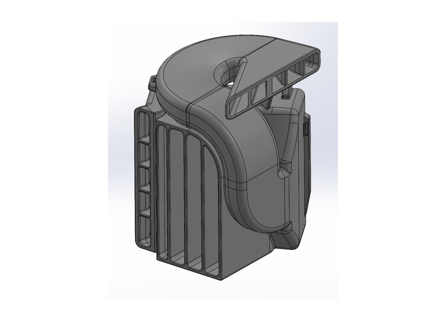 3D-gerendertes Modell eines mechanischen oder elektronischen Bauteils mit lüftungsschachtartigen Rippen, einer abgerundeten Oberseite und einer rechteckigen Öffnung, möglicherweise Teil eines Kühl- oder Luftstromsystems.