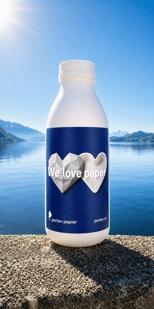 Auf einem Felsvorsprung an einem ruhigen See steht eine weiße Flasche mit einem blauen Etikett, auf dem „We love paper“ steht; im Hintergrund sind Berge und ein strahlend blauer Himmel zu sehen.