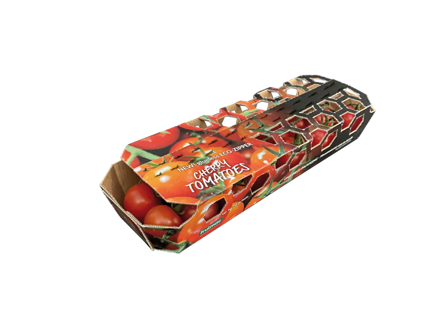 In einem Karton mit sechseckigen Ausschnitten liegen rote Kirschtomaten. Der Karton ist mit Tomatenmotiven verziert und trägt die Aufschrift „New Cherry Tomatoes“.