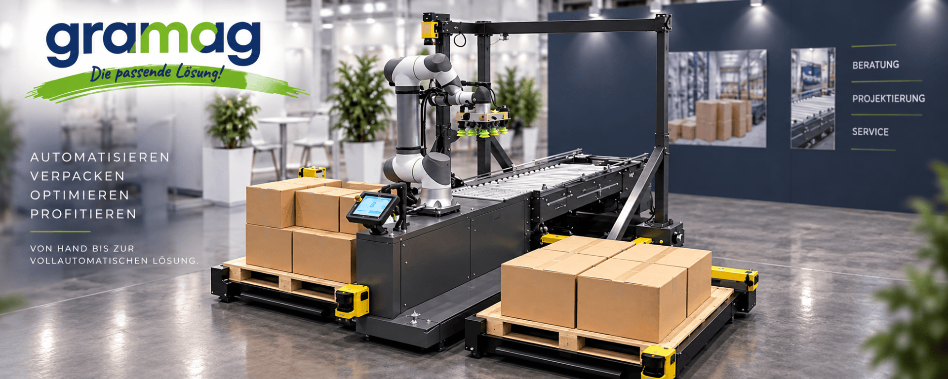 Ein Roboterarm packt Kartons auf einem automatisierten Fördersystem in einem modernen Lager, wobei das „gramag“-Logo und die Dienstleistungsangebote auf der linken Seite des Bildes zu sehen sind.