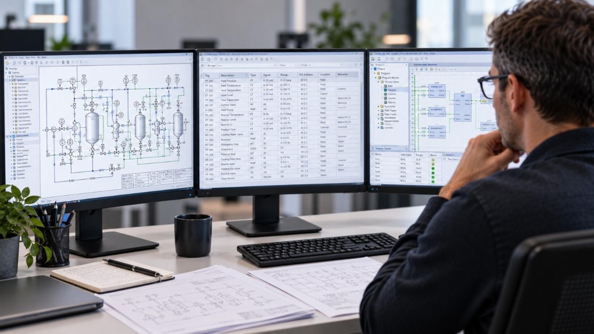Eine Person sitzt an einem Schreibtisch, auf dem drei große Monitore stehen, auf denen technische Diagramme, Tabellen und Grafiken zu sehen sind. Auf dem Schreibtisch liegen Papiere mit Diagrammen verstreut, und auf dem Arbeitsplatz befinden sich eine Tastatur, eine Maus und eine kleine Pflanze.