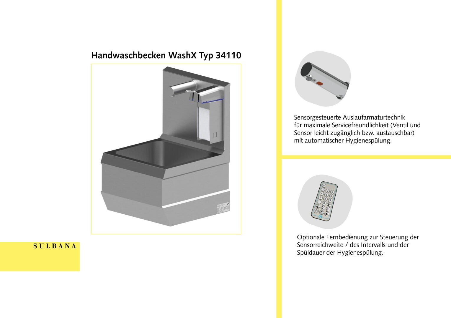 Berührungsloses Handwaschbecken aus Edelstahl mit Sensorarmatur, Produktbild links, Details und Fernbedienung rechts abgebildet; der deutsche Text beschreibt die Funktionen.