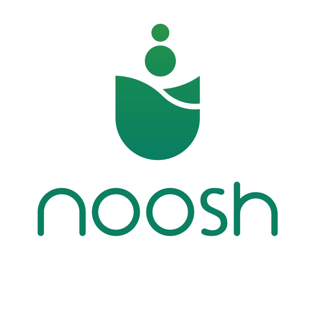 Grünes Logo mit einer stilisierten Pflanzenform über dem Wort noosh in Kleinbuchstaben.