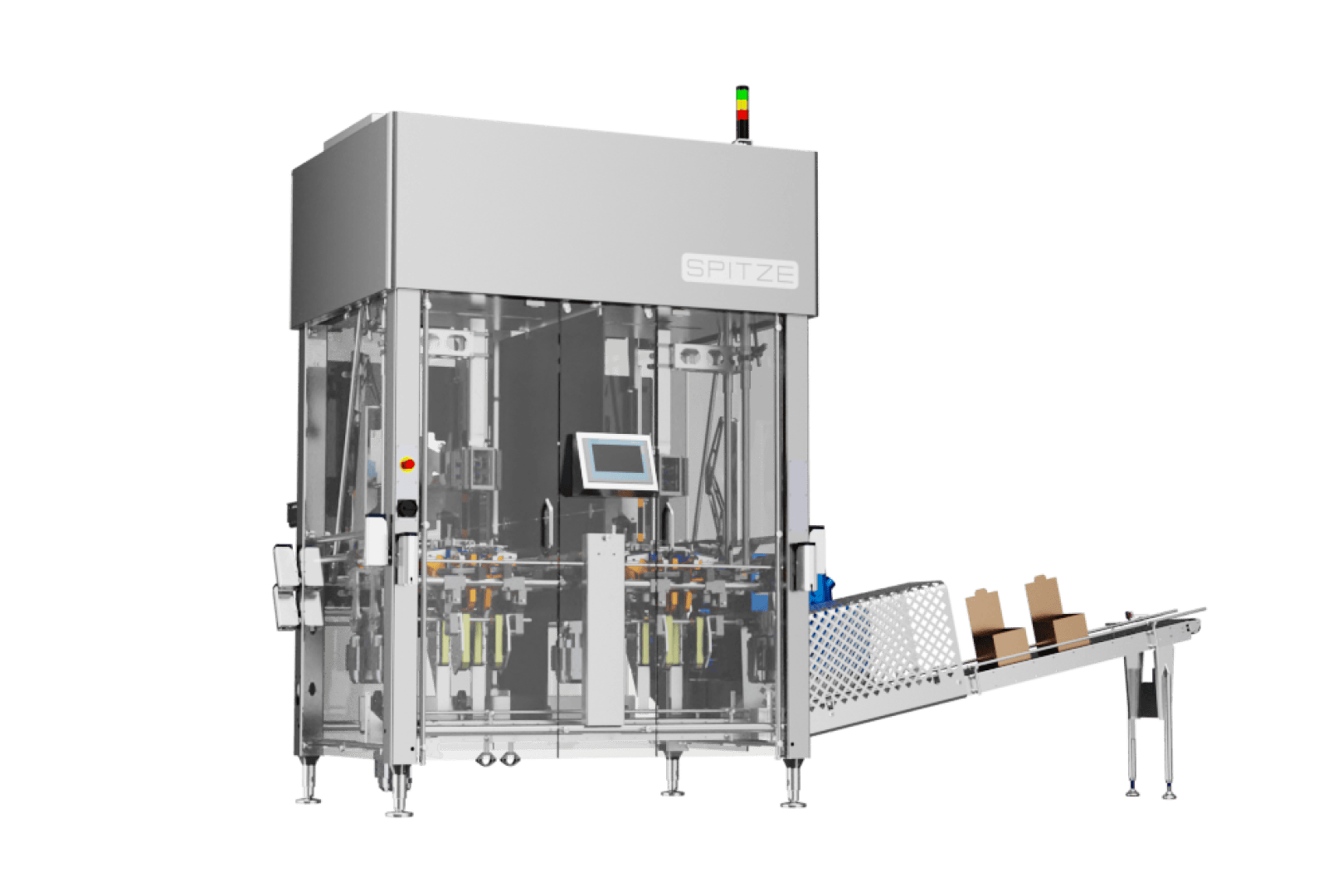 Eine große industrielle Verpackungsmaschine mit der Aufschrift „SPITZE“, an deren rechter Seite ein Förderband offene Kartons in die Maschine befördert. An der Maschine sind ein Bedienfeld und Sicherheitsleuchten zu sehen.