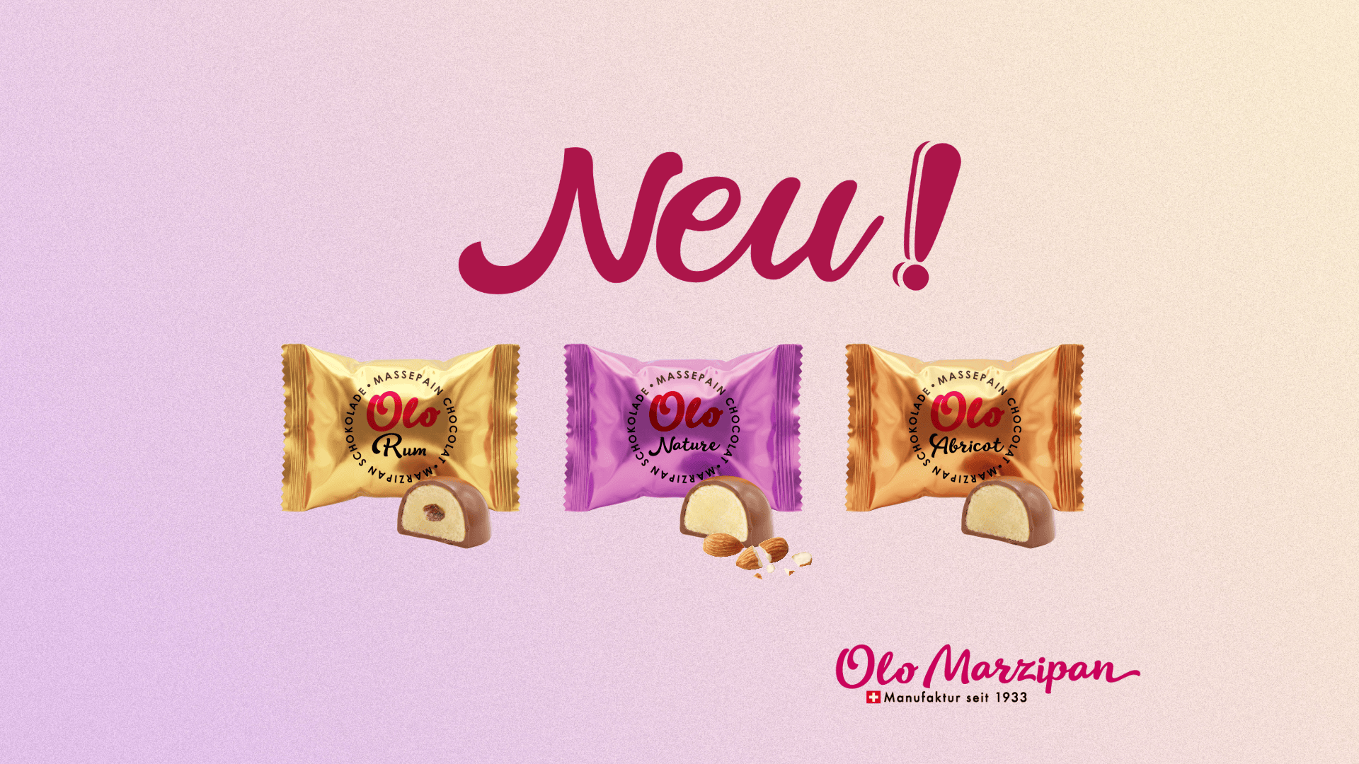 Drei Olo-Marzipanbonbons in gelben, violetten und orangefarbenen Verpackungen mit den Aufschriften „Rum“, „Naturell“ und „Apricot“, darüber das Wort „Neu!“ und unten rechts ein Logo.