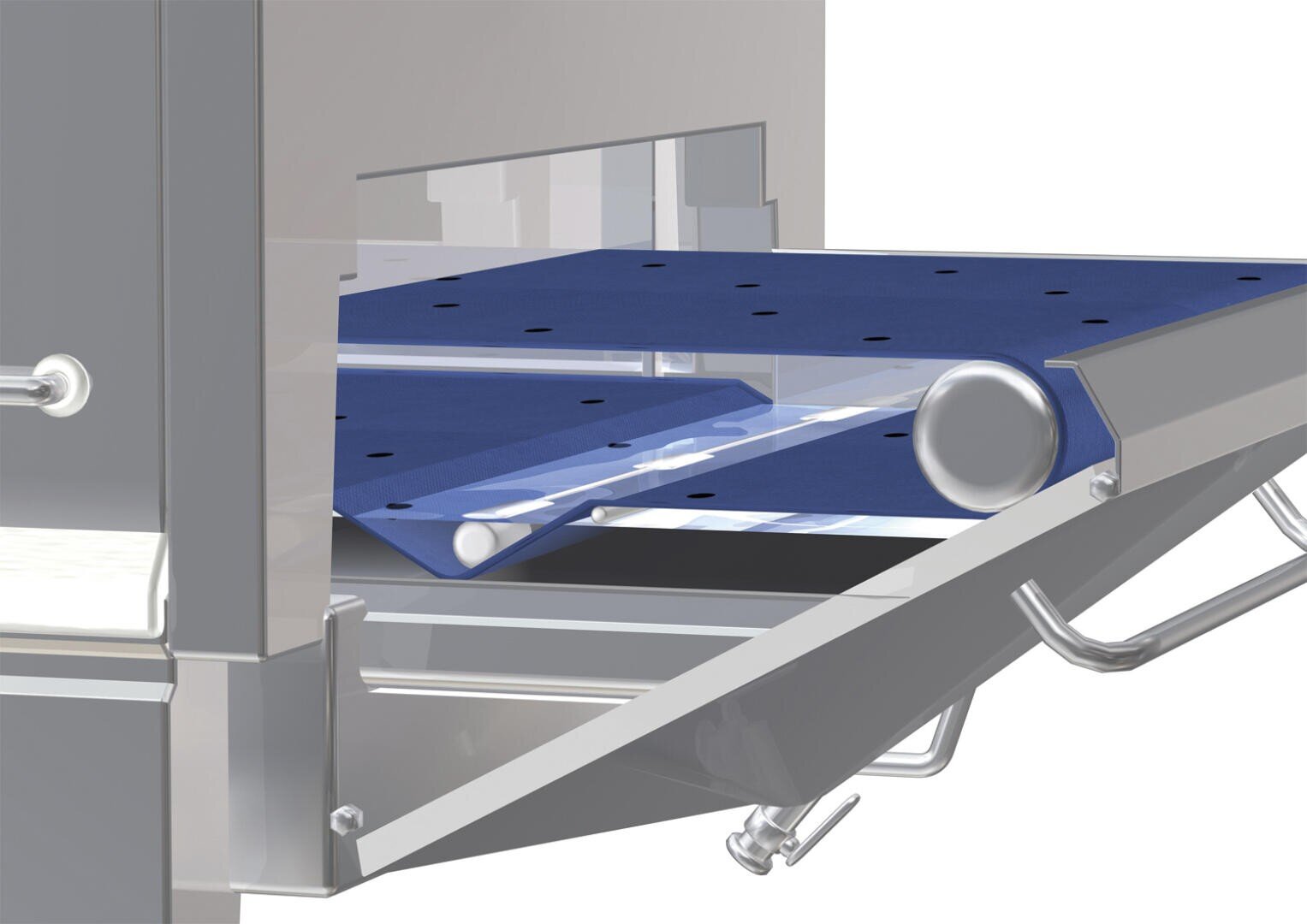 Eine Nahaufnahme eines industriellen Fördersystems mit einem blauen Förderband und einer durchsichtigen Rolle, das teilweise von einer Metallkonstruktion umschlossen ist.