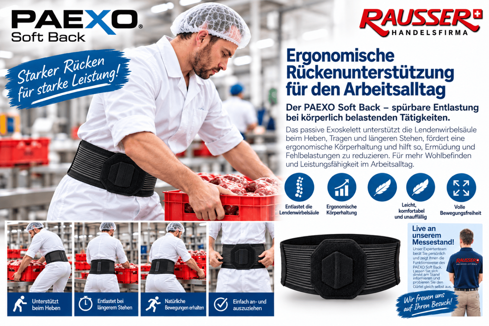 Ein Arbeiter, der einen Paexo Soft Rückenstützgurt trägt, während er in einem Lager eine Kiste hebt; daneben sind Werbetext und Symbole zu sehen, die die ergonomischen Vorteile des Produkts erläutern.