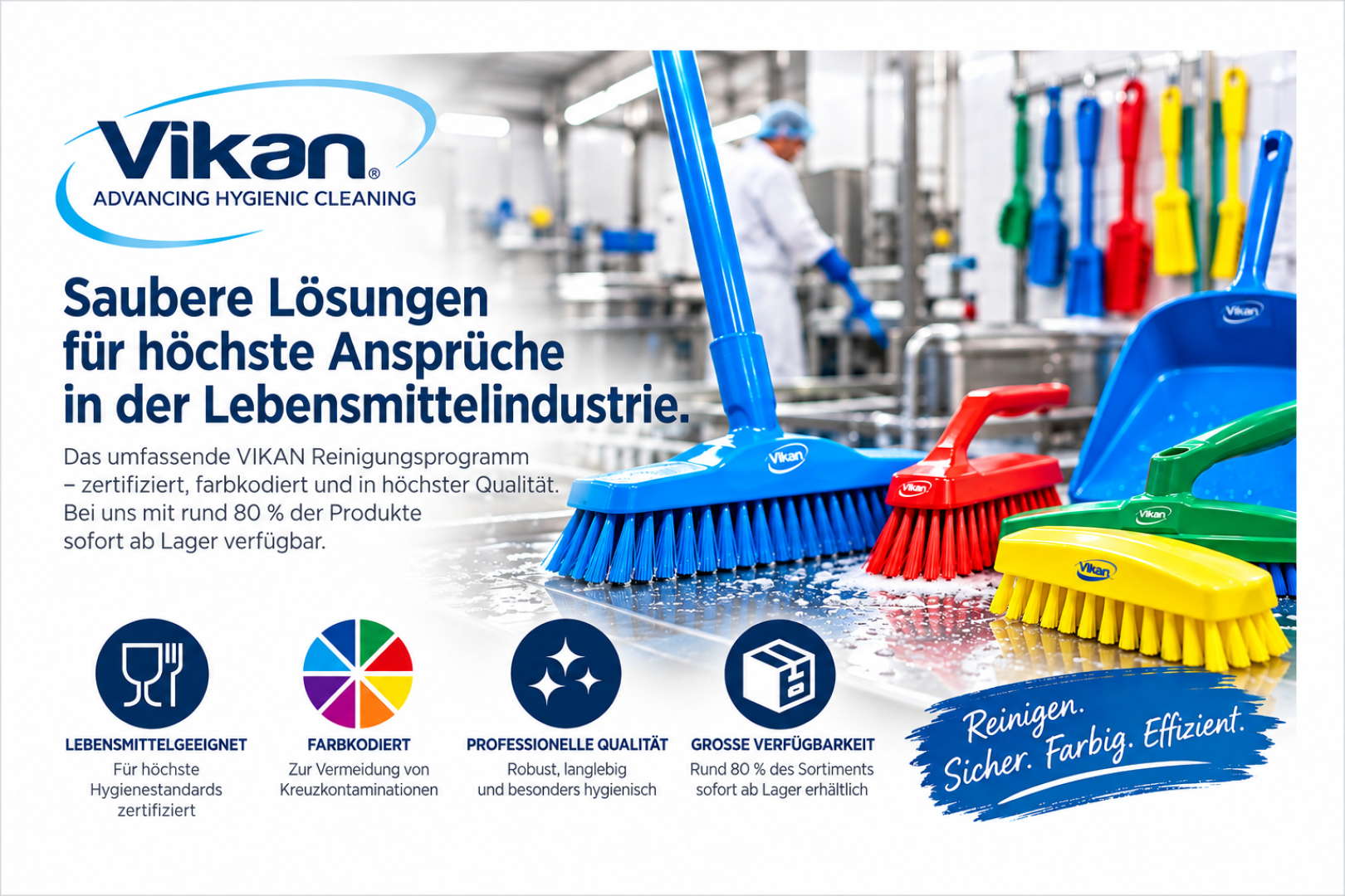 Vikan-Anzeige, die bunte Reinigungsbürsten und Kehrschaufeln in einem Lebensmittelverarbeitungsbetrieb zeigt, mit deutschem Text, der für hygienische Reinigungslösungen wirbt.