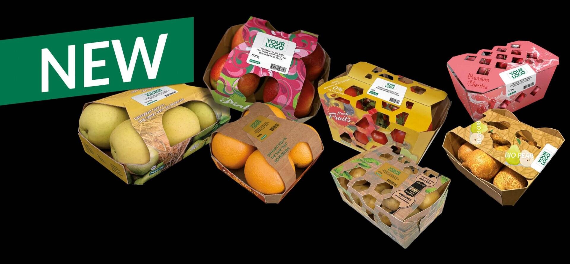 Auf schwarzem Hintergrund sind verschiedene Packungen mit frischem Obst in umweltfreundlichen Kartonverpackungen zu sehen; links befindet sich ein grünes Etikett mit der Aufschrift „NEU“.
