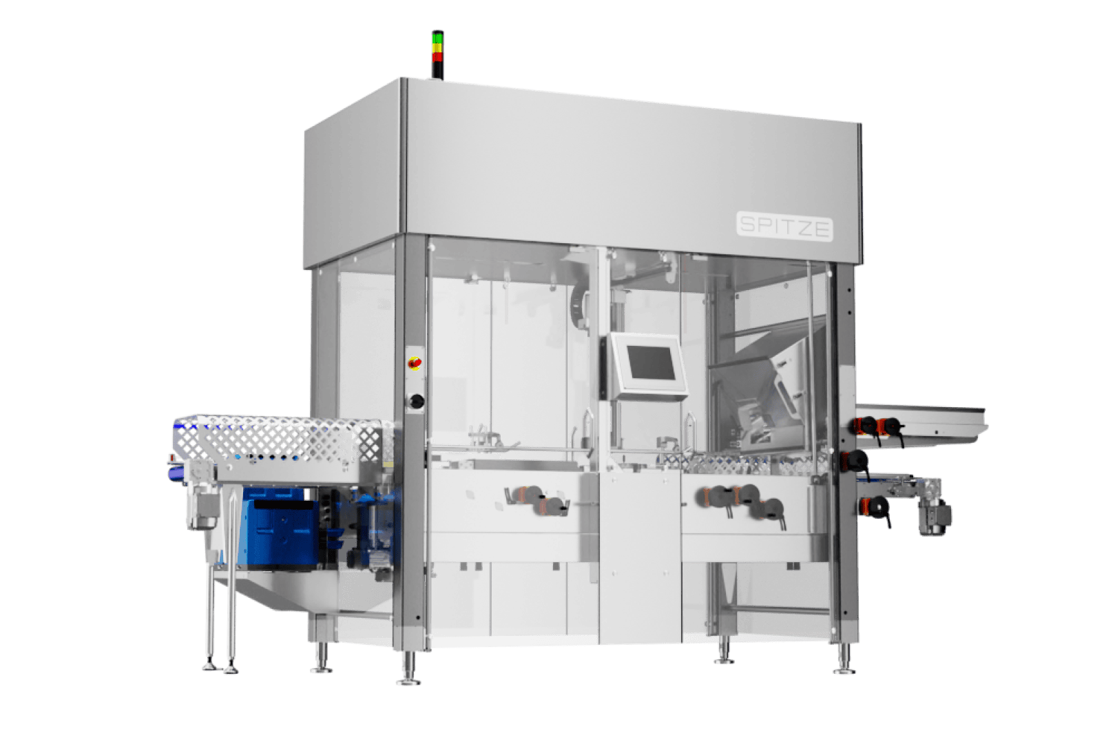 Eine große automatisierte Industrieverpackungsmaschine mit der Aufschrift „SPITZE“, mit einem Förderband auf der linken Seite und einer Touchscreen-Bedienoberfläche an der Vorderseite, vor einem schlichten weißen Hintergrund.