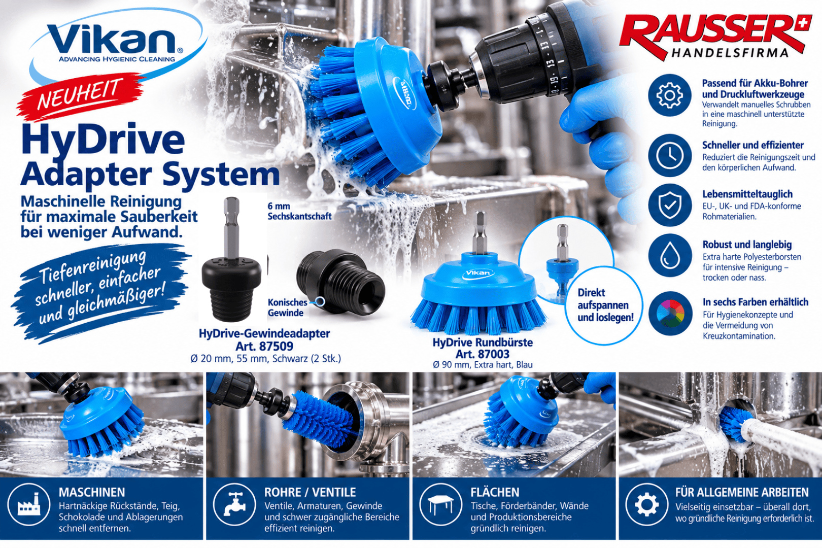 Das an einer Bohrmaschine befestigte Reinigungsbürstensystem Vikan HyDrive mit Abbildungen, die Anwendungsbeispiele für Maschinen, Rohre und Oberflächen zeigen.