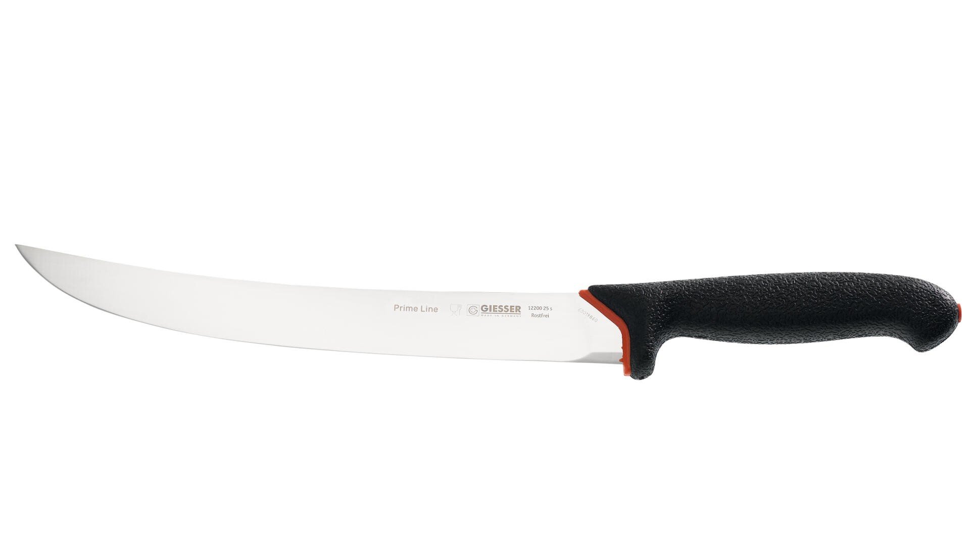 Ein großes, geschwungenes Fleischermesser mit einem schwarzen, strukturierten Griff und einer glänzenden silbernen Klinge, fotografiert vor weißem Hintergrund.