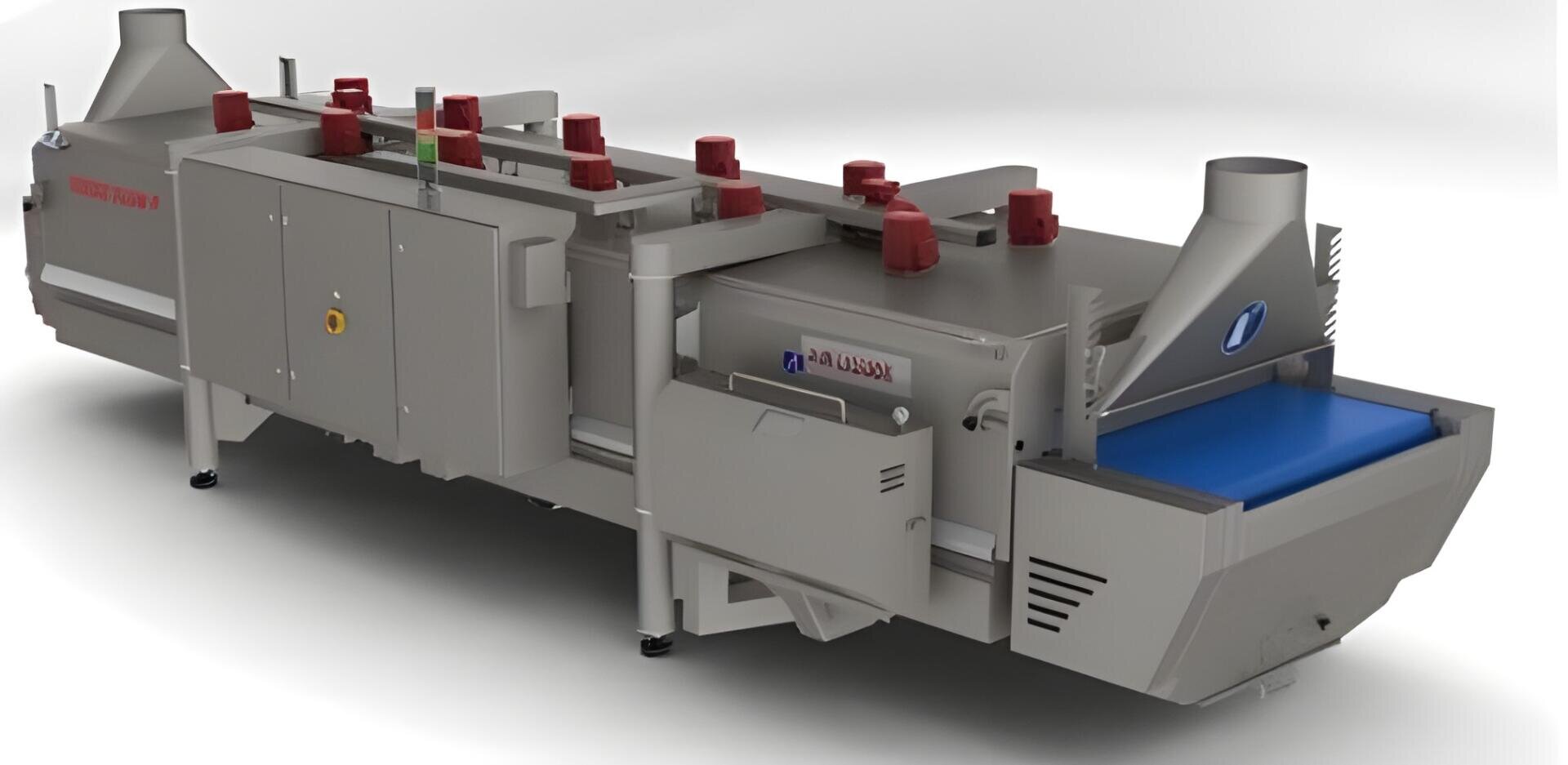 Eine große industrielle Lebensmittelverarbeitungsmaschine mit Förderband, grauem Gehäuse und roten Bedienknöpfen, die für die Massenproduktion in Lebensmittelbetrieben konzipiert ist.