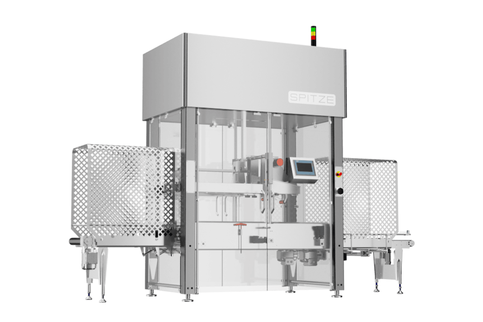 Silberfarbene automatische Verpackungsmaschine mit Touchscreen-Bedienoberfläche, Glaselementen und Sicherheitsbarrieren. Oben befinden sich Kontrollleuchten, und an beiden Seiten sind Förderbänder angebracht. Auf der Vorderseite ist der Markenname SPITZE zu sehen.