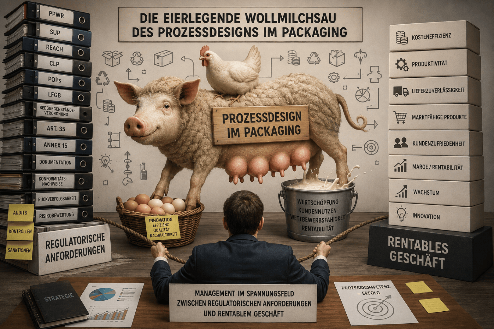 Ein Mann sitzt an einem Schreibtisch und blickt auf ein Schwein, das ein Huhn auf dem Rücken trägt; um ihn herum sind visuelle Elemente und deutscher Text zu Prozessgestaltung, Vorschriften und rentablem Geschäft in der Verpackungsbranche zu sehen.
