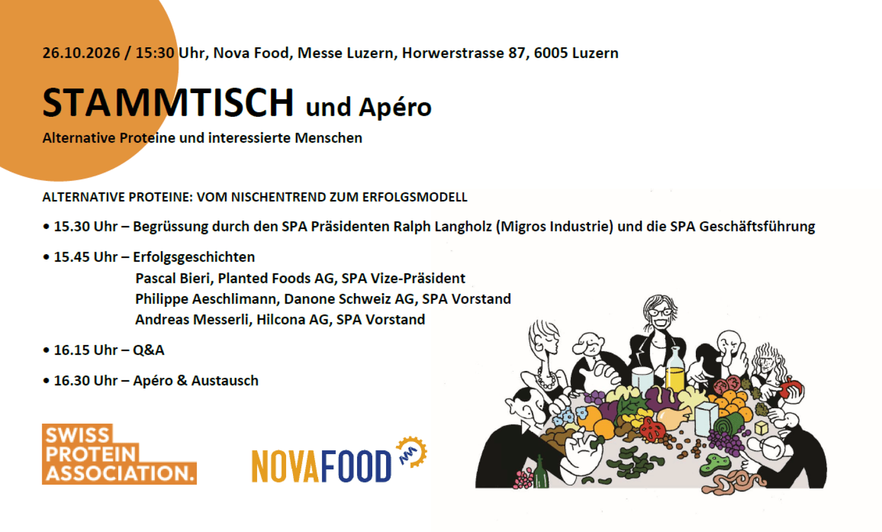 Veranstaltungsflyer für den STAMMTISCH und Apéro zum Thema alternative Proteine, mit detailliertem Programm, Logos und einer Illustration, auf der Menschen gemeinsam essen. Veranstaltungsdetails: 26.10.2026, Nova Food, Luzern.