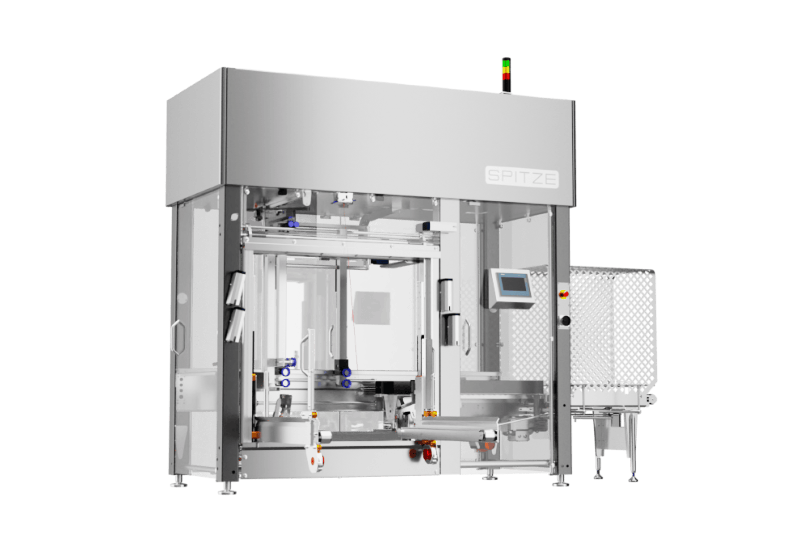 Industrielle automatische Verpackungsmaschine mit Edelstahlgehäuse, Touchscreen-Bedienfeld, Sicherheitsbarrieren und einem sichtbaren Fördersystem vor weißem Hintergrund.
