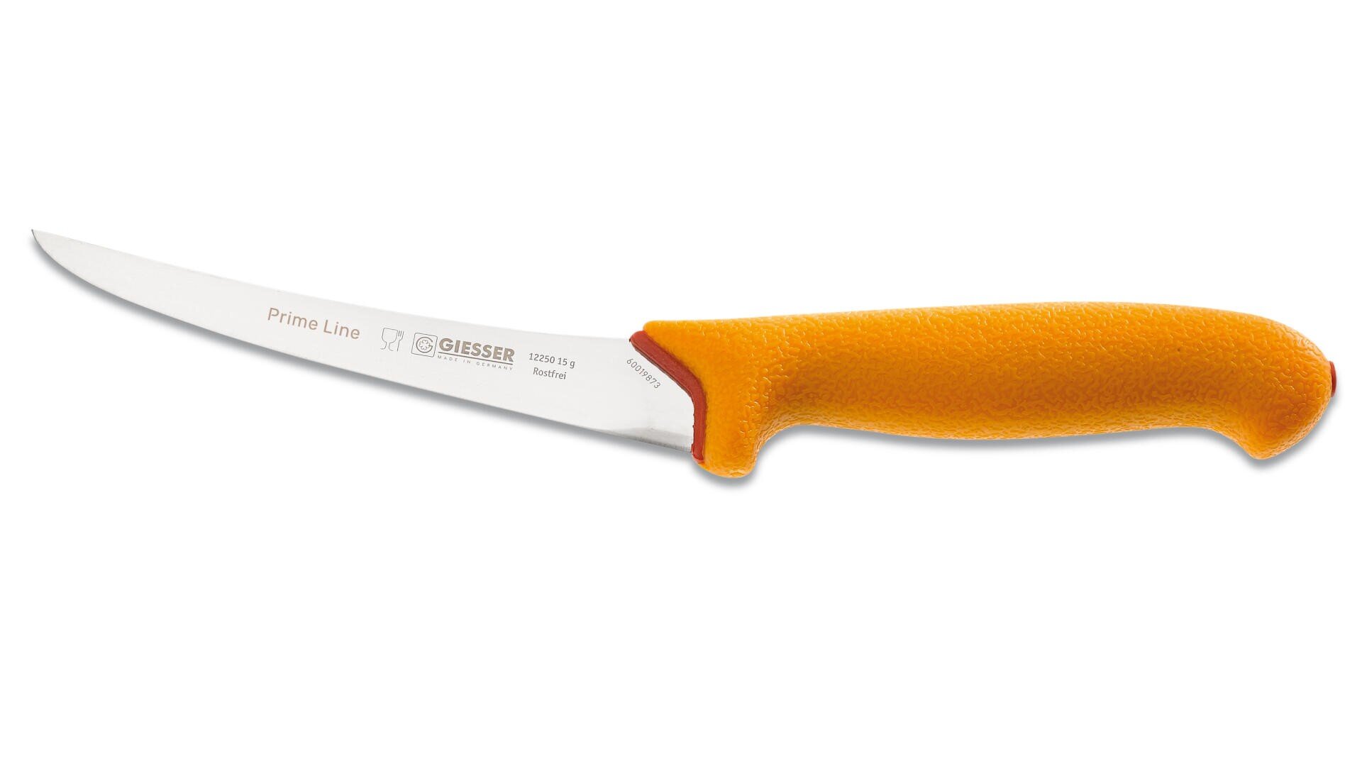 Ein gebogenes Ausbeinmesser mit silberner Klinge und einem orangefarbenen, strukturierten Griff, abgebildet vor weißem Hintergrund.