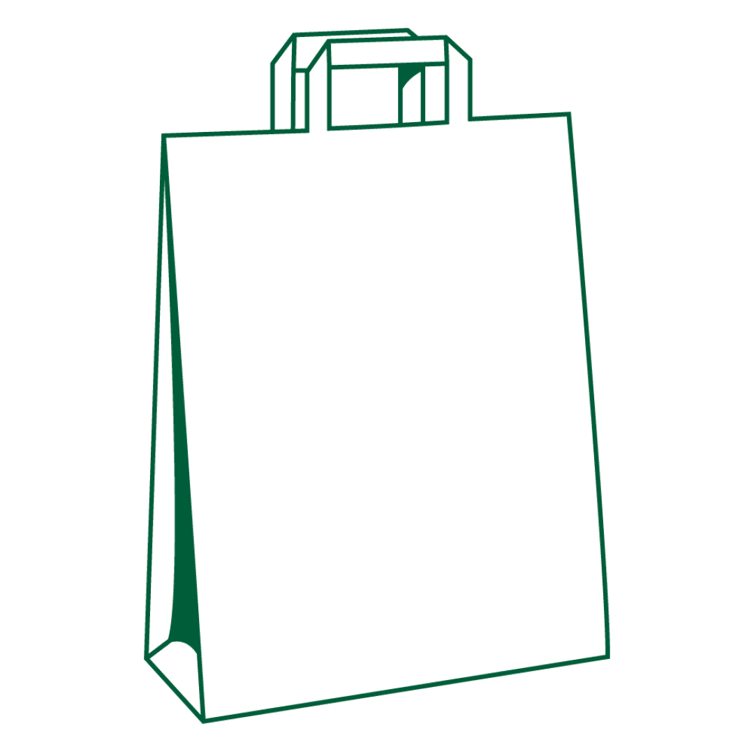 Einfache grüne Strichzeichnung einer Papiertüte mit Henkeln, aus einem Winkel betrachtet, sodass die Vorderseite und ein Teil der Seite zu sehen sind.