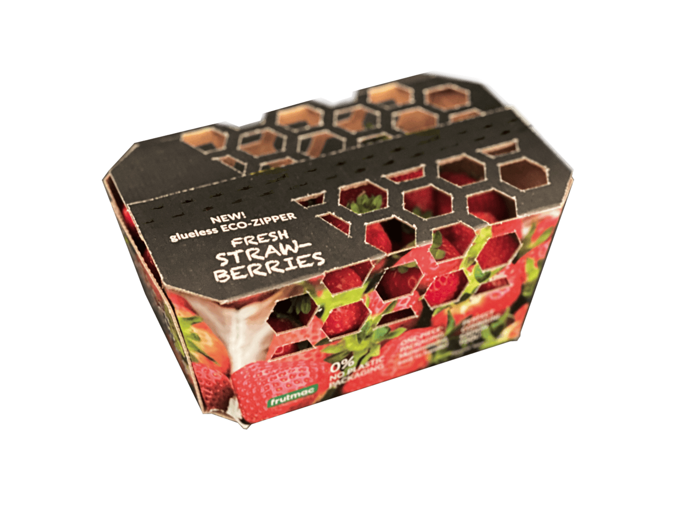 Ein Karton mit wabenförmigen Aussparungen enthält frische Erdbeeren. Auf dem Karton steht: NEU! Klebstofffreier ECO-ZIPPER – FRISCHE ERDBEEREN. Die Verpackung ist umweltfreundlich und farbenfroh und mit Erdbeerbildern verziert.