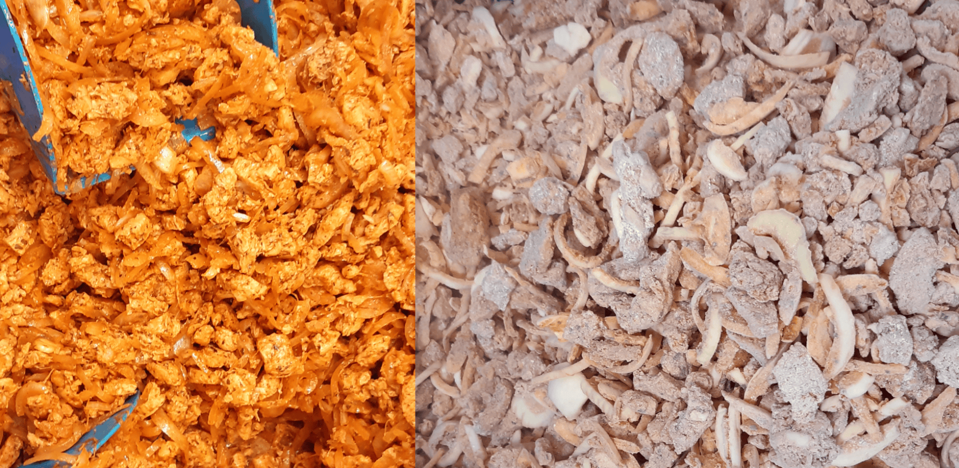 Nahaufnahme von zwei Haufen zerkleinerter Lebensmittel: Der linke ist orangefarben und feucht, der rechte blass und pulverartig, mit sichtbaren Streifen und Stücken, was auf unterschiedliche Konsistenzen oder Gewürze hindeutet.