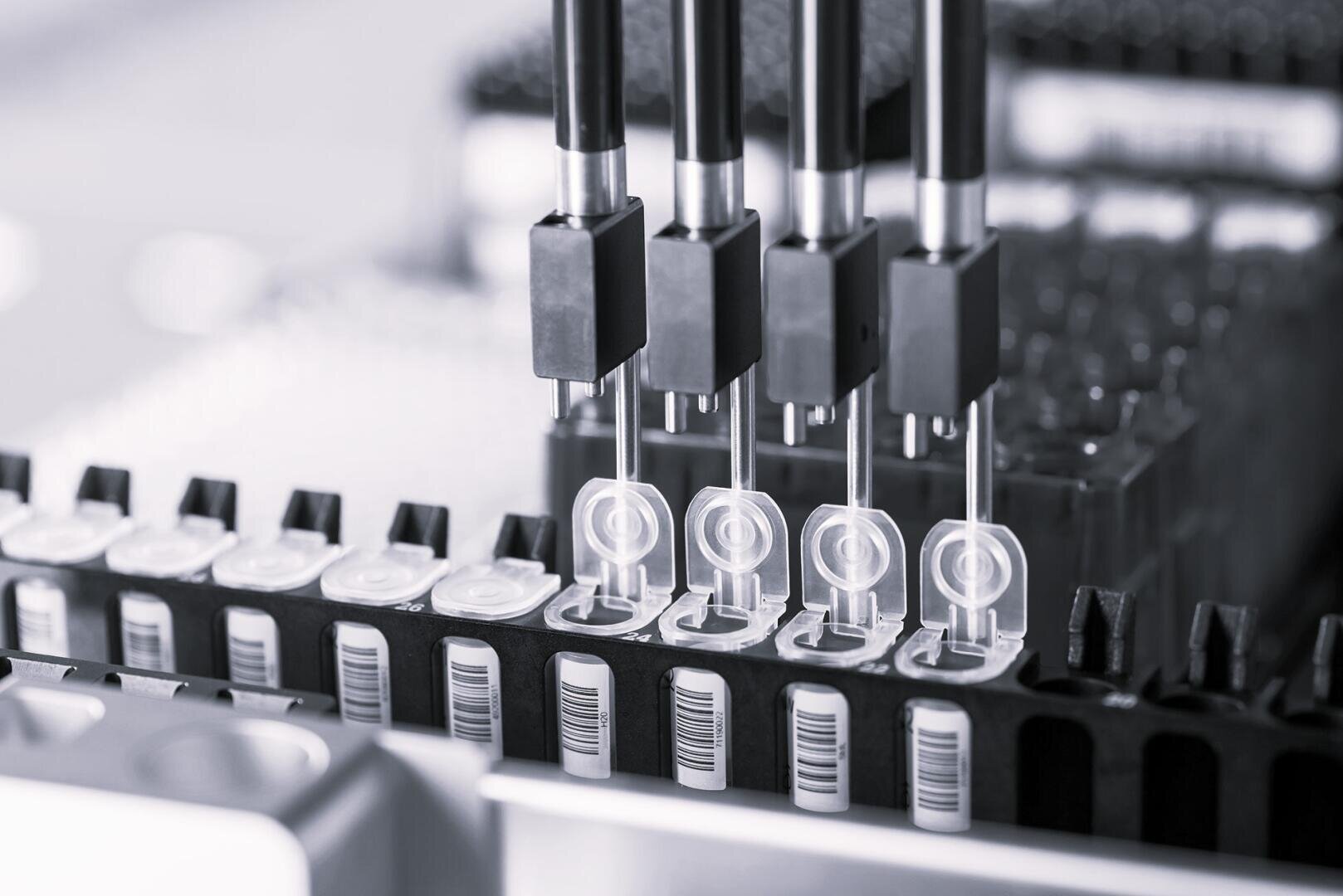 Vier automatische Pipetten dosieren Flüssigkeit in beschriftete Reagenzgläser in einer Laborumgebung und veranschaulichen damit einen wissenschaftlichen Analyse- oder medizinischen Testprozess. Das Bild ist in Schwarz-Weiß gehalten.