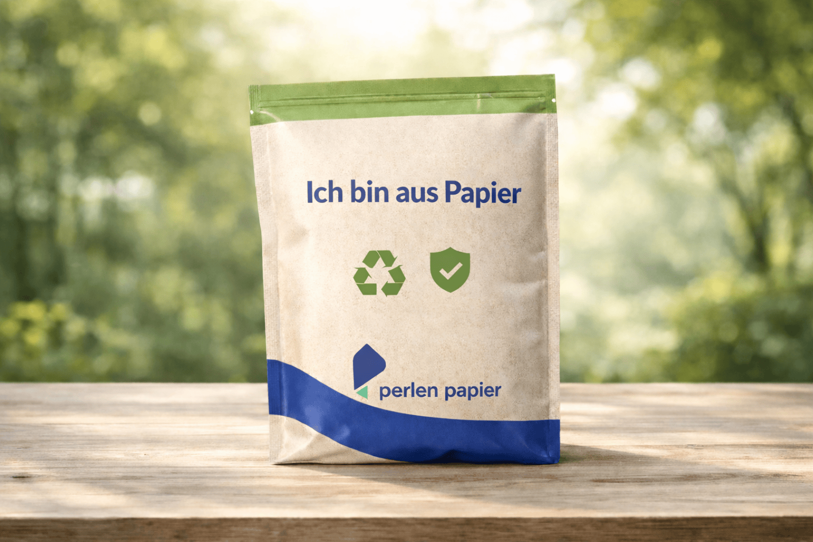 Eine braune Papiertüte mit grünen und blauen Motiven, auf der Recycling- und Schild-Symbole zu sehen sind. Der Text lautet „Ich bin aus Papier“ und „Perlenpapier“. Die Tüte steht im Freien auf einer Holzfläche, im Hintergrund ist verschwommenes Grün zu sehen.