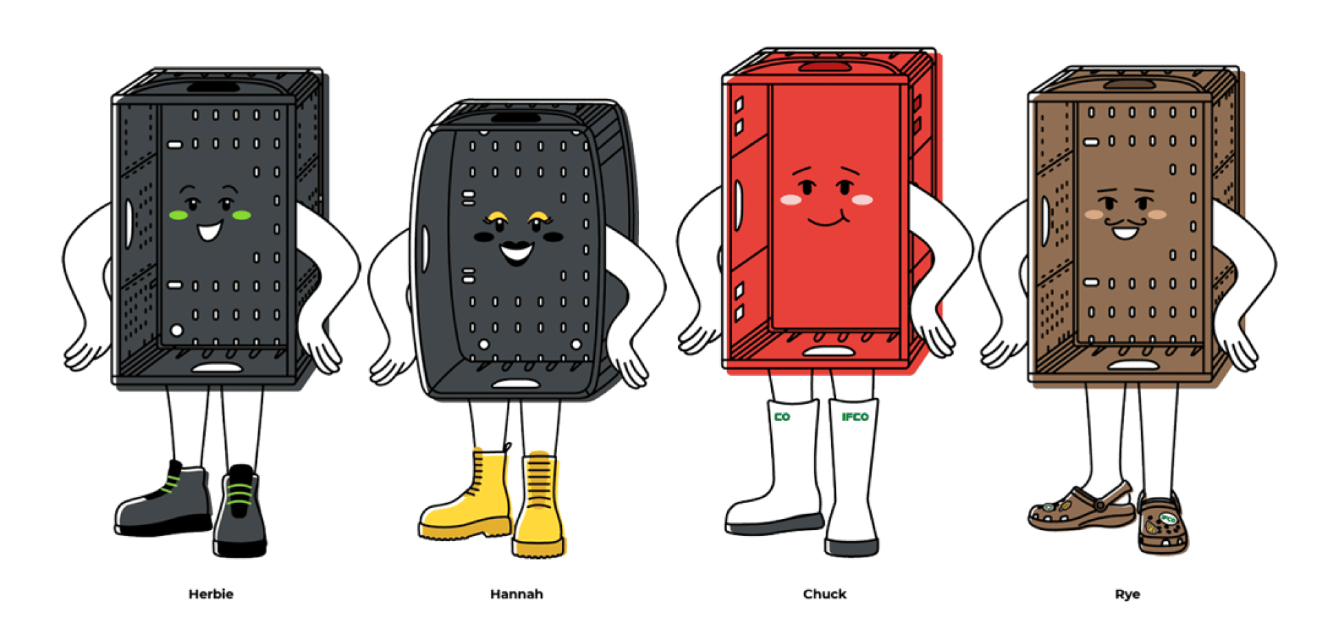 Vier Comic-Brotschneider mit Armen, Beinen und Gesichtern tragen Schuhe oder Stiefel. Von links nach rechts: Herbie (schwarz), Hannah (grau), Chuck (rot) und Rye (braun), jeder mit einem anderen Gesichtsausdruck und anderem Schuhwerk.