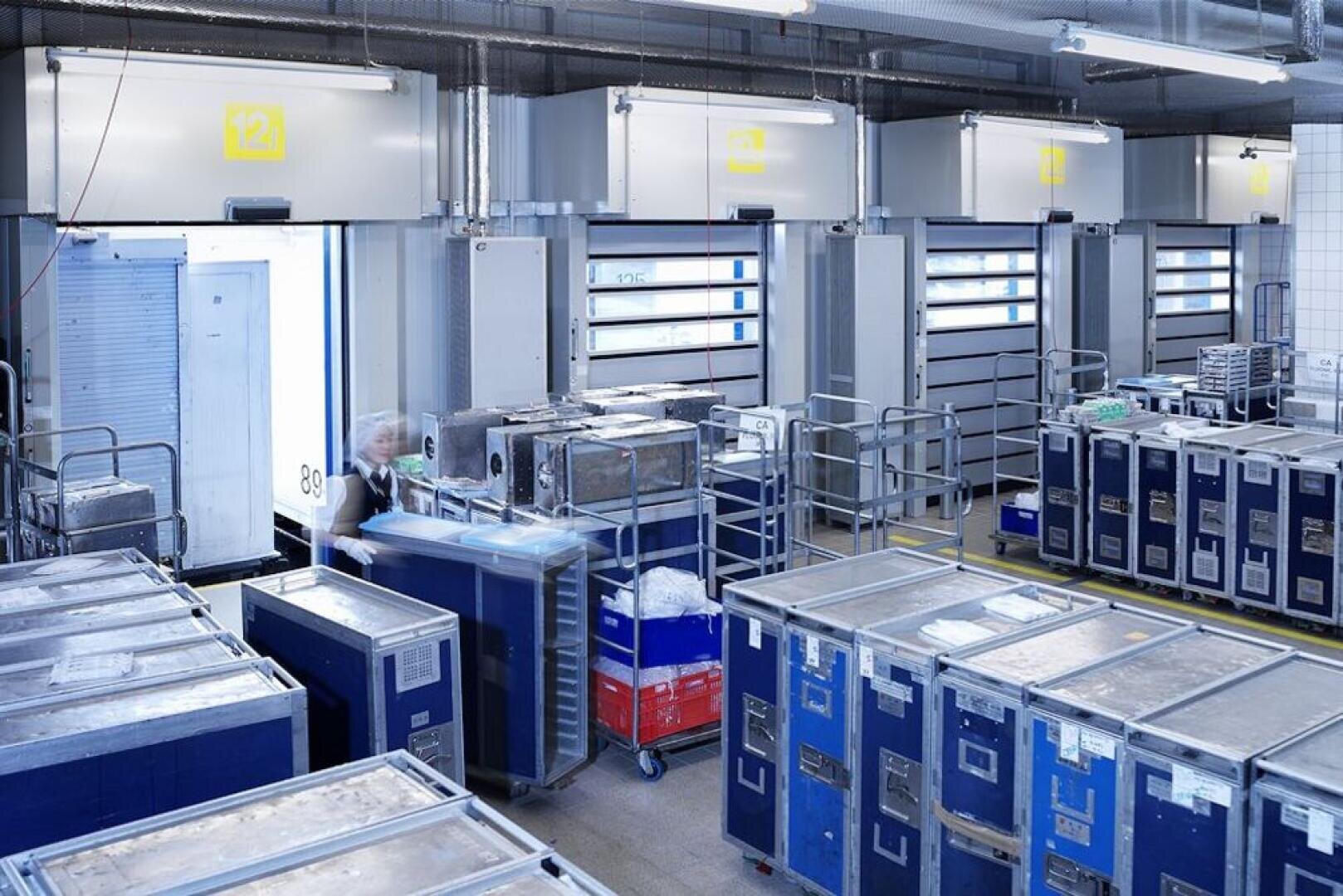 Großer Lagerbereich mit Metallwagen und Behältern, geöffneten Ladetoren und einer verschwommenen Person, die Ausrüstung bewegt. Industrielle Umgebung mit geordneten Reihen aus blauen und silbernen Kisten.