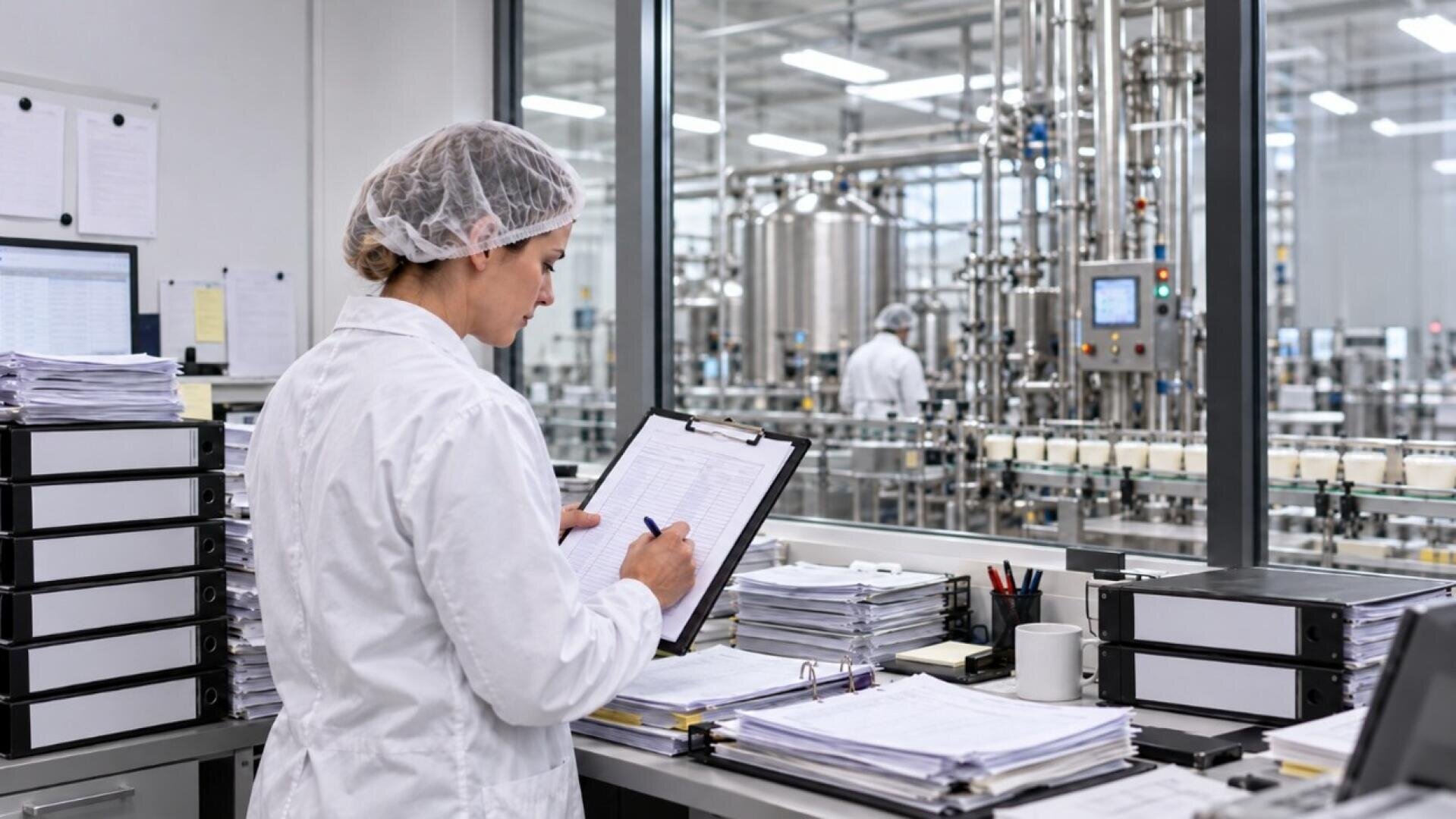 Eine Person in einem Laborkittel und einer Haube schreibt auf ein Klemmbrett, während sie neben Stapeln von Dokumenten in einem Labor oder einer Fabrik steht, die mit Industrieanlagen und Rohrleitungen ausgestattet ist.
