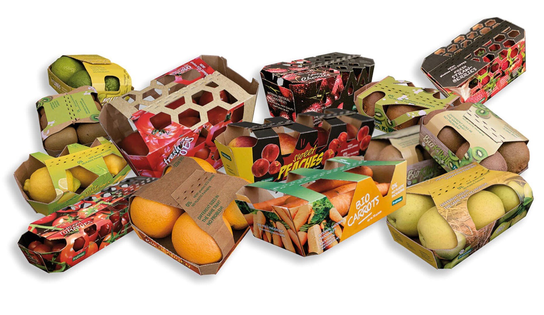 Es sind verschiedene bunte Obstkartons aus Pappe ausgestellt, die jeweils unterschiedliche Obstsorten wie Kiwis, Orangen, Äpfel und Mangos enthalten und mit Markenlogos sowie Aussparungen in der Verpackung versehen sind.