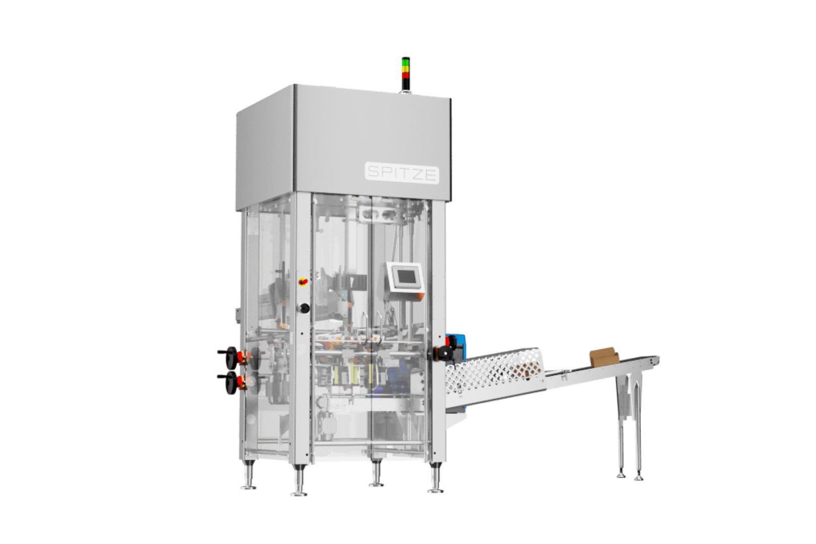 Eine industrielle Etikettiermaschine aus Edelstahl mit Display und Förderband, die zum automatischen Anbringen von Etiketten auf Produkten dient; oben mit der Aufschrift „SPITZE“ versehen.