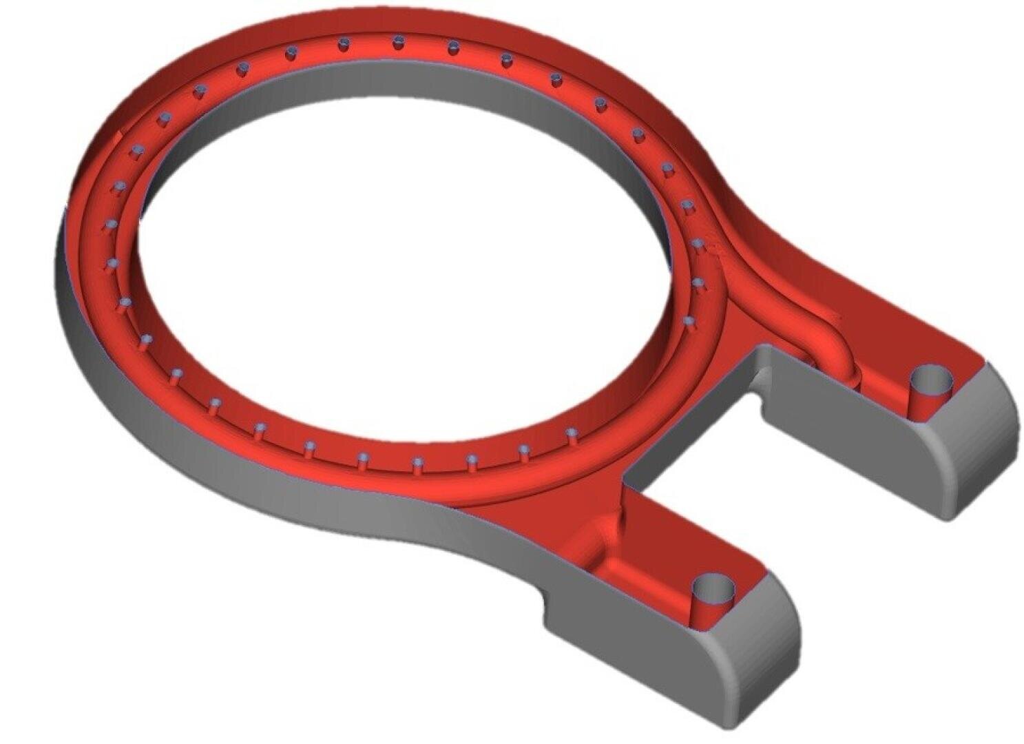3D-Rendering eines roten und grauen Maschinenbauteils mit einem kreisförmigen Ring, mehreren kleinen Löchern rund um den Ring und zwei zweizinkigen Fortsätzen an der Unterseite.