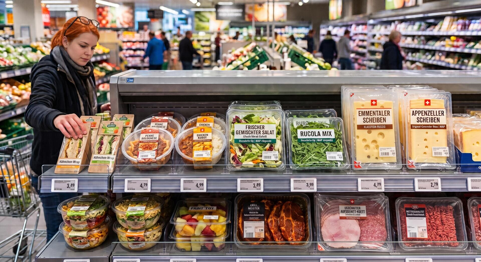Eine Frau wählt in einem Lebensmittelgeschäft aus dem Kühlregal ein vorverpacktes Sandwich aus, umgeben von abgepackten Salaten, Fleisch- und Käsesorten. Im Hintergrund stöbern andere Kunden.