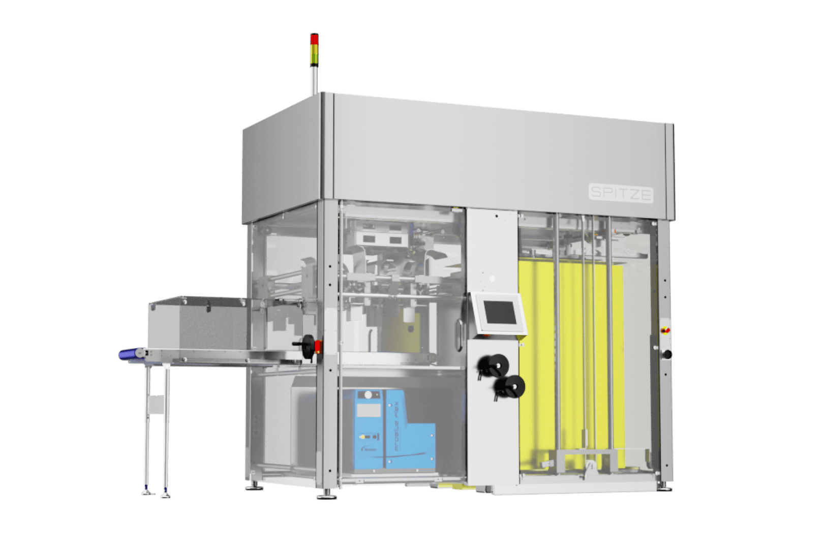 Industrielle Verpackungsmaschine mit einem Förderband auf der linken Seite, transparenten Seitenwänden, die den Blick auf die inneren Mechanismen freigeben, einem Bedienfeld an der Vorderseite und einem „SPITZE“-Logo oben rechts. Der Hintergrund ist schlicht weiß.