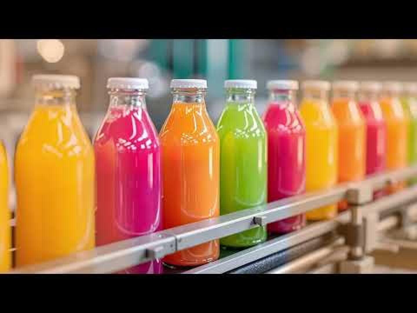 Bunte Saftflaschen in Orange-, Rosa- und Grüntönen stehen in einer Fabrikhalle auf einem Förderband in Reih und Glied und warten darauf, verpackt zu werden.