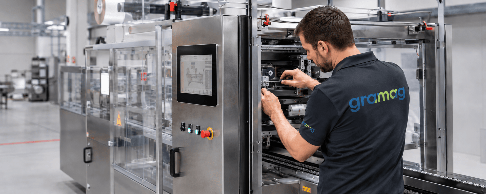 Ein Mann in einem Gramcg-Shirt stellt in einer modernen Industrieanlage Maschinen ein und konzentriert sich dabei auf die Bedienelemente neben einem Touchscreen-Display.