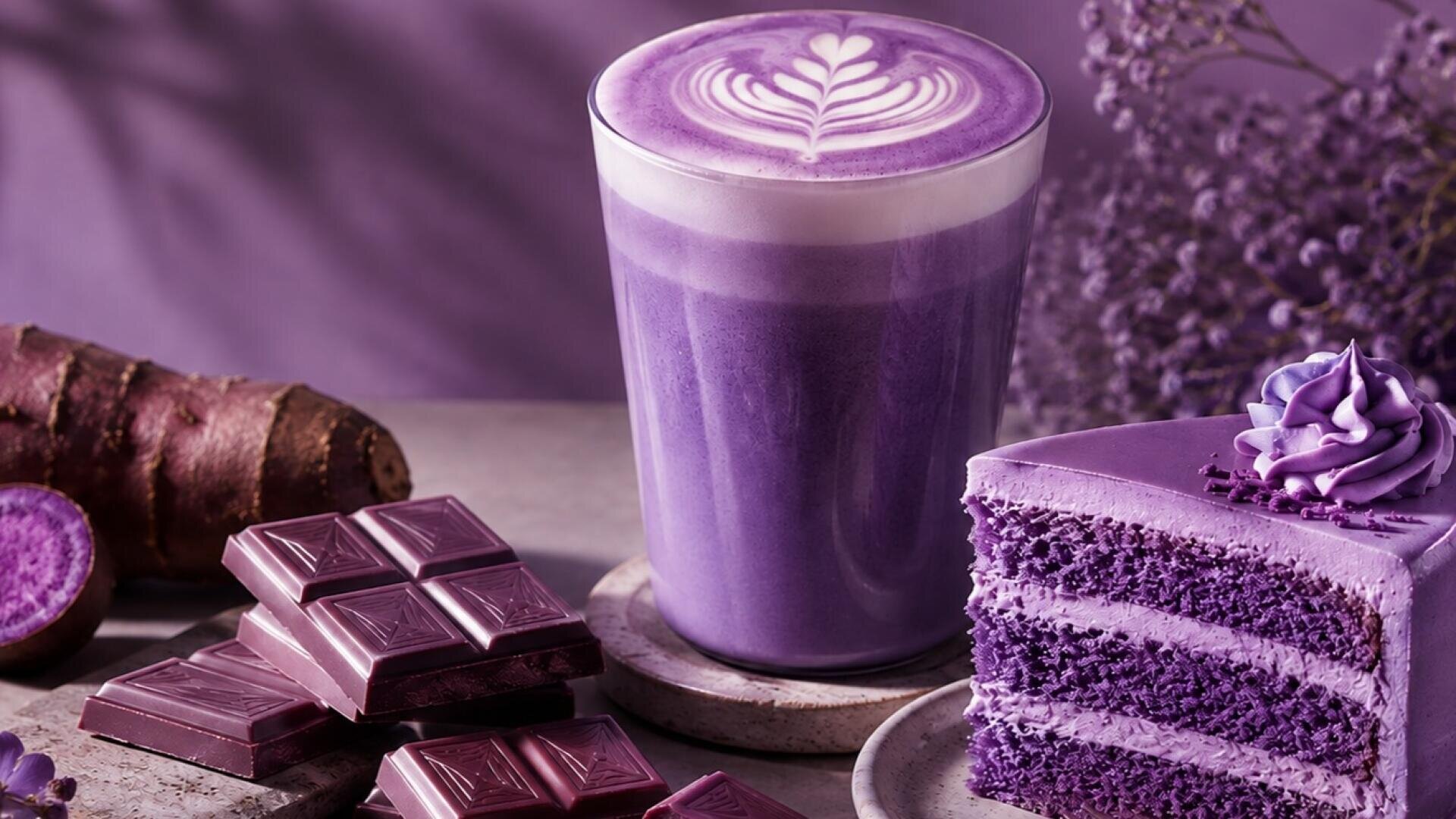 Ein lila Latte mit Latte-Art, ein Stück lila Schichtkuchen mit Zuckerguss, Schokoladenquadrate und ein Stück lila Süßkartoffel, alles auf einer grauen Unterlage angerichtet, im Hintergrund sind dekorative Lavendelblüten zu sehen.