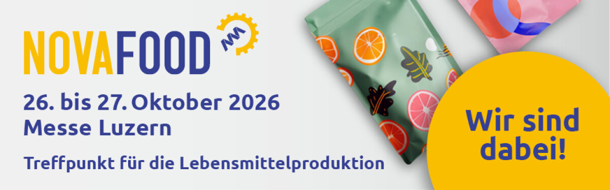 Banner für die NOVAFOOD-Veranstaltung vom 26. bis 27. Oktober 2026 in der Messe Luzern. Bunte Lebensmittelverpackungen mit Fruchtmotiven und einem gelben Kreis mit der Aufschrift „Wir sind dabei!“. Untertitel: „Treffpunkt für die Lebensmittelproduktion“.