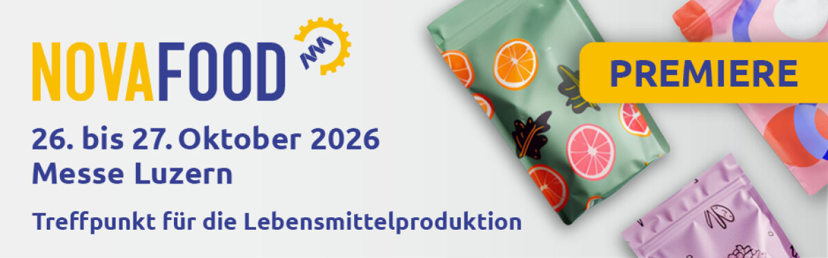 Banner für die NOVAFOOD Premiere vom 26. bis 27. Oktober 2026 in der Messe Luzern mit farbenfrohen Illustrationen von Lebensmittelverpackungen und einem deutschen Text über die Lebensmittelproduktion.
