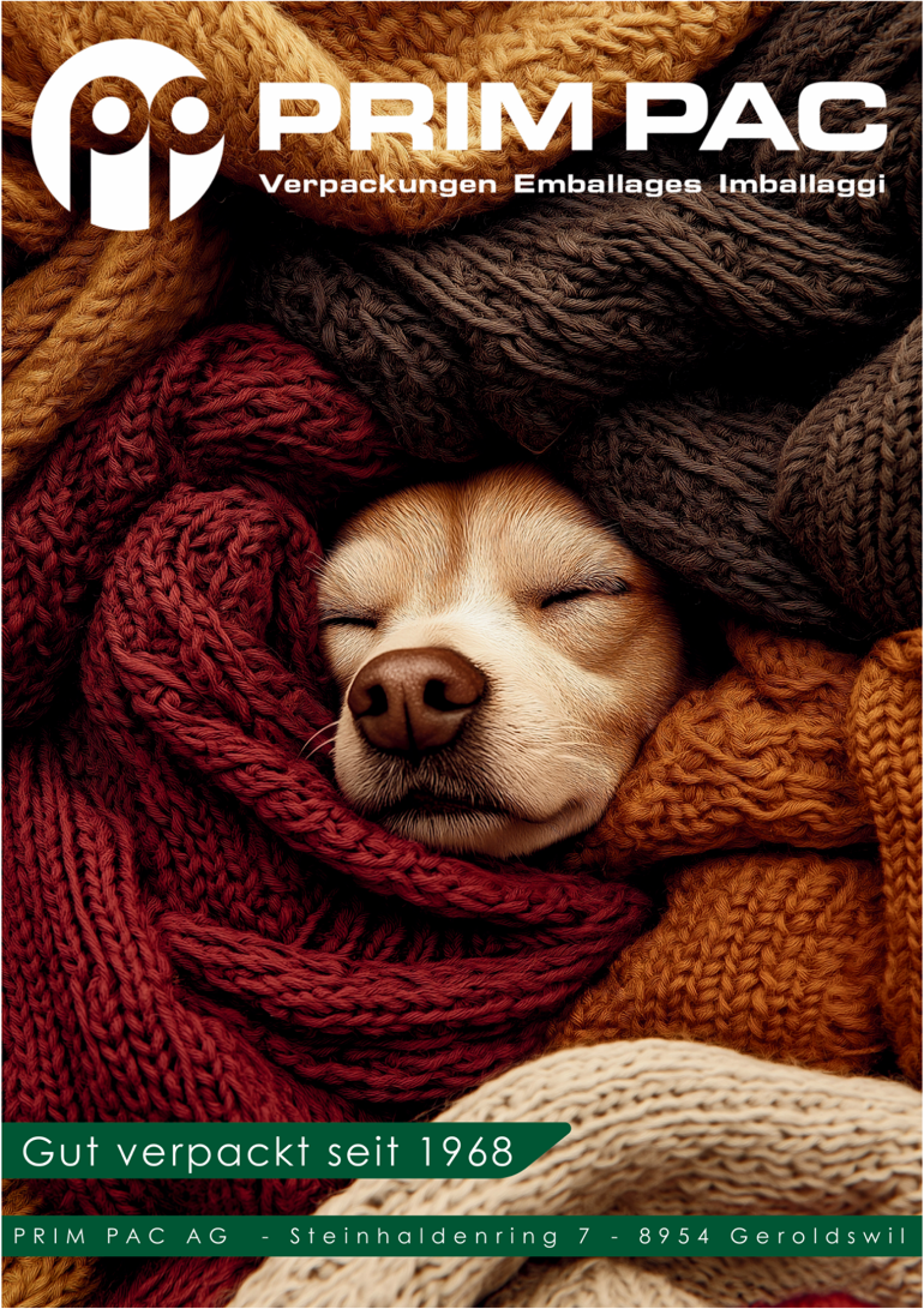 Ein Hund schläft friedlich, umgeben von bunten, kuscheligen Strickdecken. Das Bild ist eine Werbeanzeige für PRIM PAC, ein Verpackungsunternehmen, dessen Name und Slogan oben auf dem Bild zu sehen sind.
